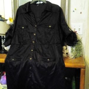 Black short sleeve button down satin dress